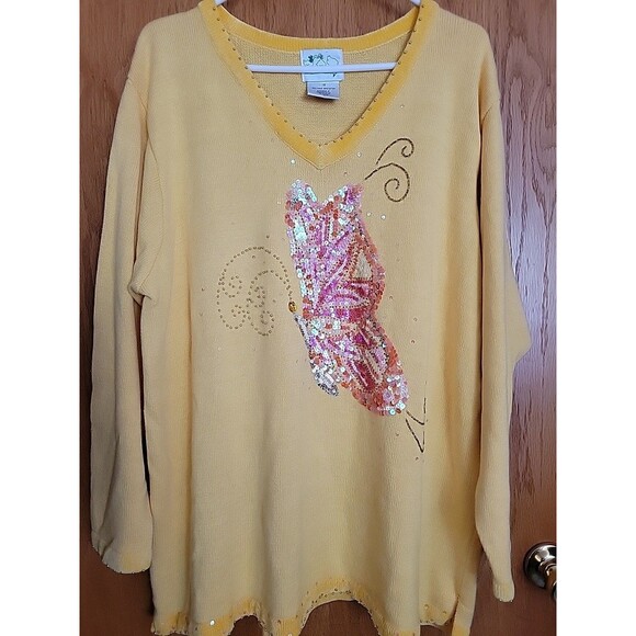 The Quacker Factory Sweater Womens 1X Yellow Butterfly V Neck Bling Casual - Picture 3 of 8
